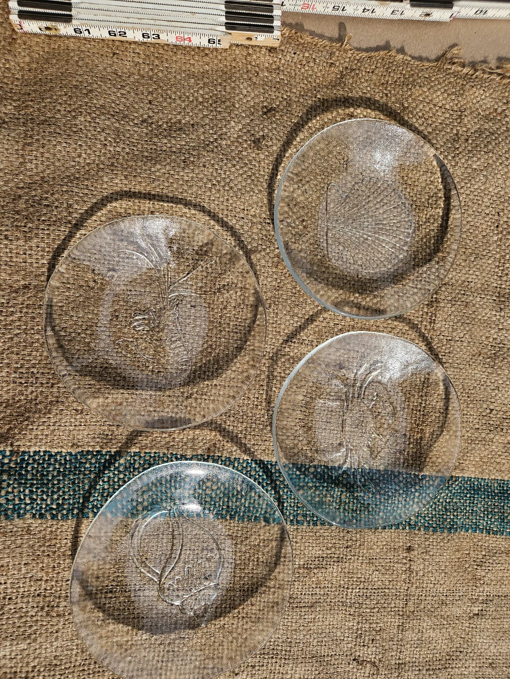 Set of 4 Clear Glass Seafood Motif Plates Appetizer Sized